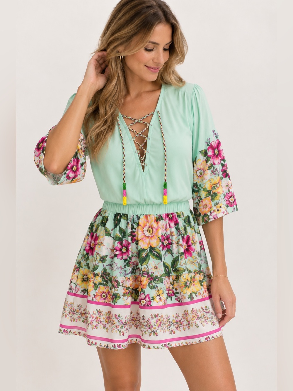 TAJ by Sabrina Crippa Mint Green Floral Mini Dress NWT Resortwear Small (2-4)